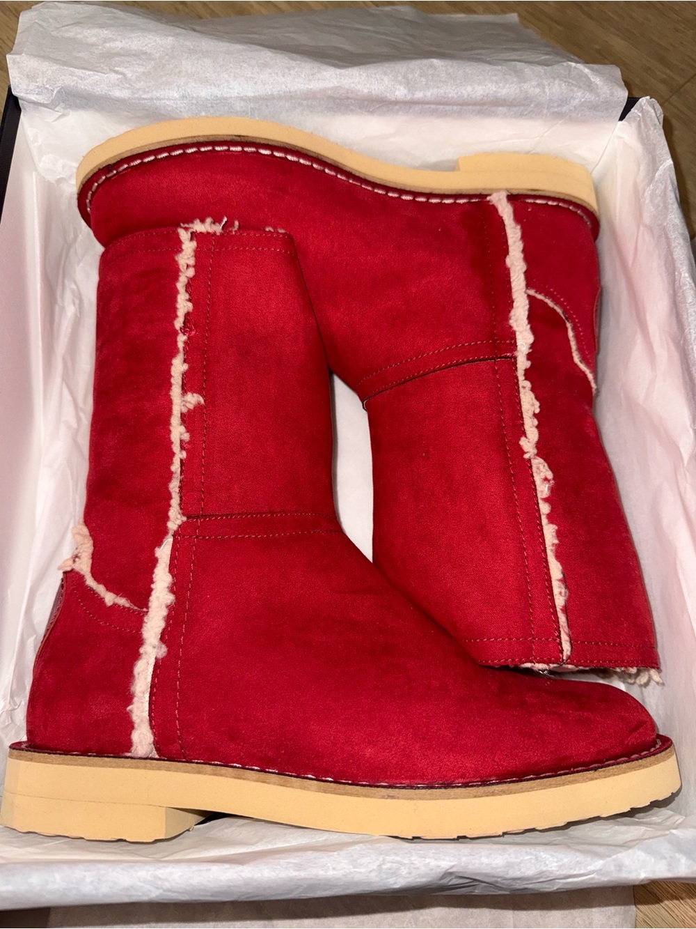 Moschino Red Suede Shearling-Trim Winter Boots